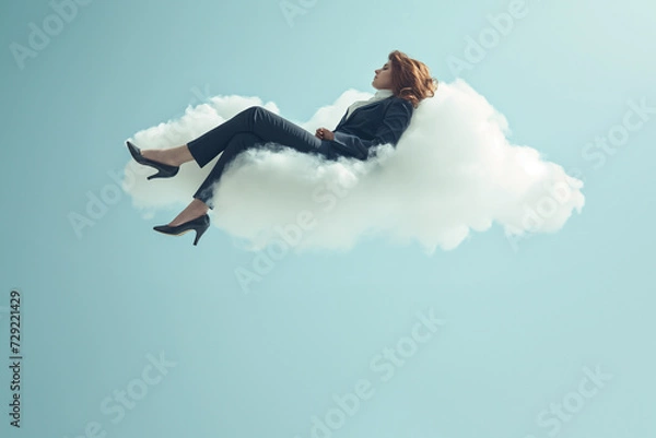 Obraz An executive working woman rests on a cloud after a hard day at work
