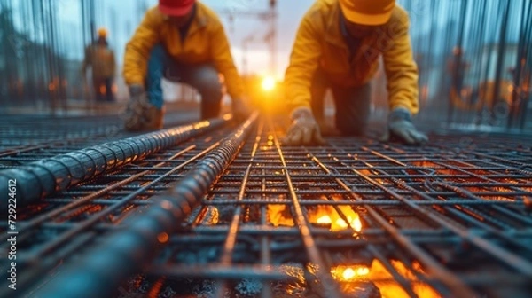 Fototapeta stock photography, construction two workers using tmt steel bar with ease at the construction site