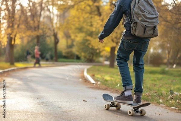 Fototapeta skater with backpack glides down a park path