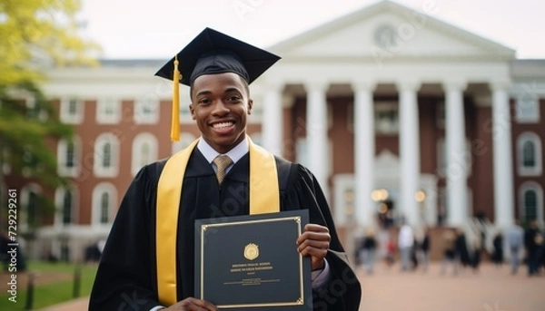 Fototapeta A man in cap and gown holding a diploma.