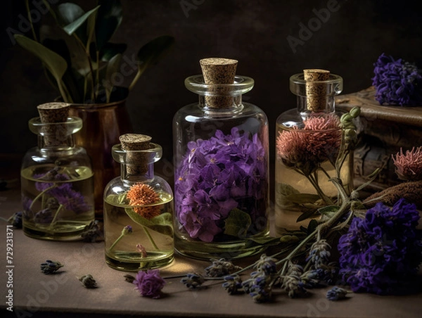 Fototapeta - infusions of various oil plants, essential oils and flowers, generative ai