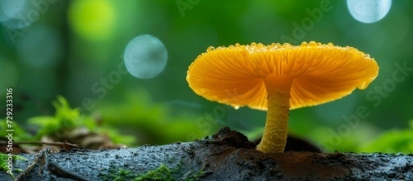 Fototapeta Selective focus images of a beautiful yellow mushroom in the jungle with natural view backgrounds.