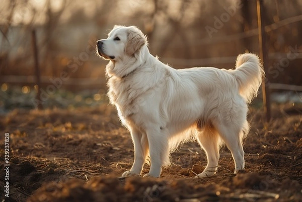Fototapeta a Great Pyrenees dog standing on the ground, in the style of southern countryside, dark beige and gold, soft-focus portraits