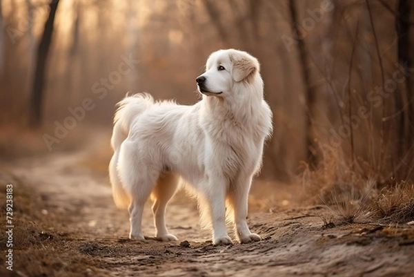 Fototapeta a Great Pyrenees dog standing on the ground, in the style of southern countryside, dark beige and gold, soft-focus portraits