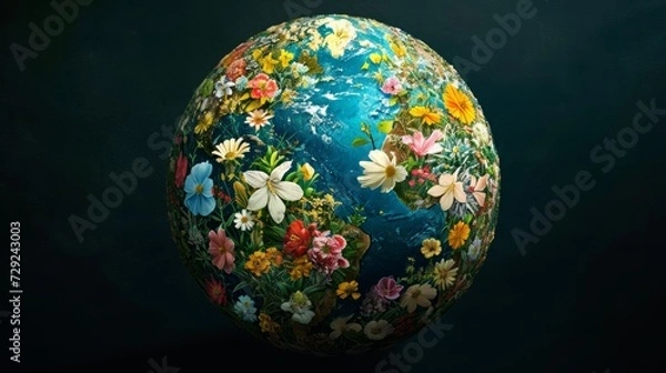 Fototapeta Earth depicted as a realistic globe where continents are visualized as expansive floral gardens, presenting a stunning representation of the planet's continents blooming with diverse and colorful flow