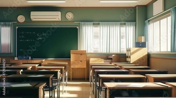Fototapeta School classroom with school desks and blackboard in Japanese high school : Generative AI