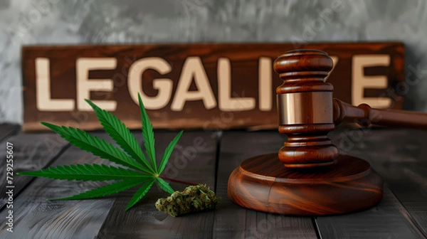 Fototapeta Cannabis leaf and judge gavel, legalize lettering in the background