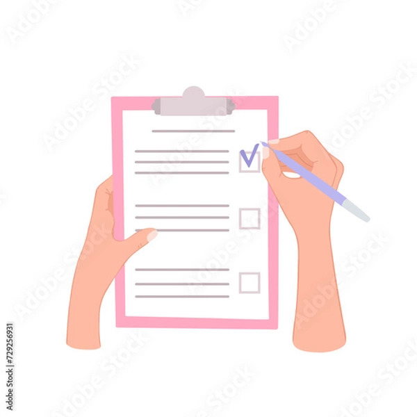 Fototapeta check list, task management, hands holding a folder and pen. Vector Illustration for backgrounds and packaging. Image can be used for greeting card, poster and sticker. Isolated on white background.