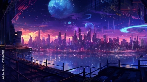Obraz rain-soaked, neon-infused futuristic cityscape