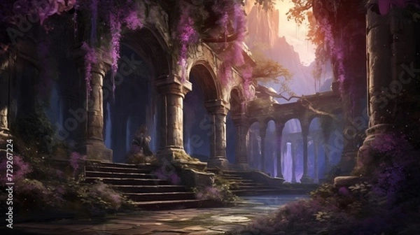 Obraz Ancient ruins adorned with wisteria vines