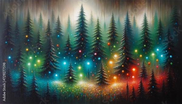 Fototapeta Painting of a Forest Illuminated by Christmas Lights