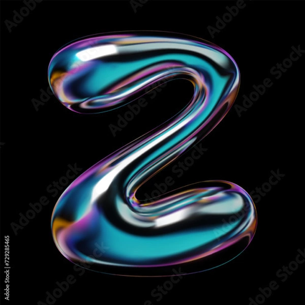 Fototapeta 3D letter Z from the English alphabet in Y2K style. Balloon bubble shape in liquid metal with smooth, glossy, holographic rainbow surface. Isolated vector for retro-futuristic 2000s design