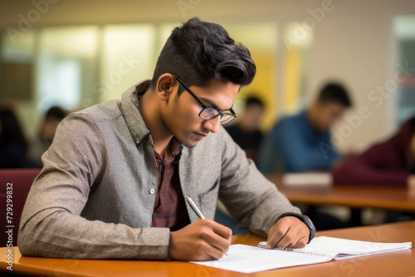 Obraz Student diligently taking notes in a classroom