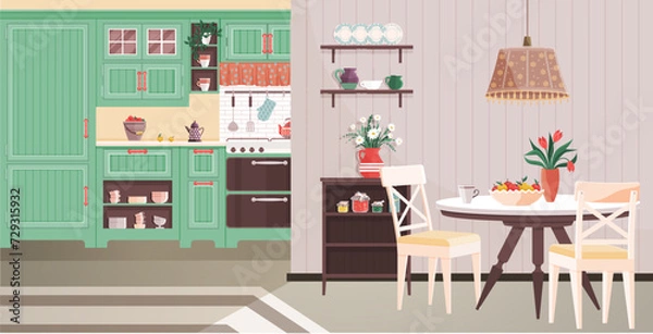 Obraz Kitchen interior vector illustration. Cuisine becomes art form in comfy kitchen adorned with stylish decor Cooking and dining blend seamlessly in well-decorated kitchen and dining room Comfy