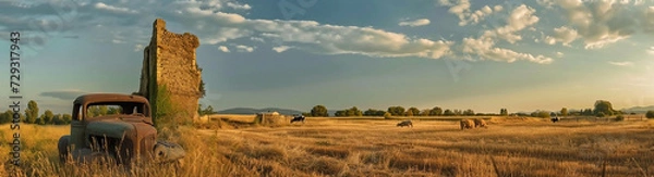 Fototapeta Panorama of grazing cows in a meadow with grass covered with dewdrops and morning fog, and in the background the sunrise in a small haze. sunset, farm, old car, destroyed building