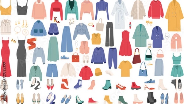 Obraz set of clothes and shoes, jewelry in flat style vector