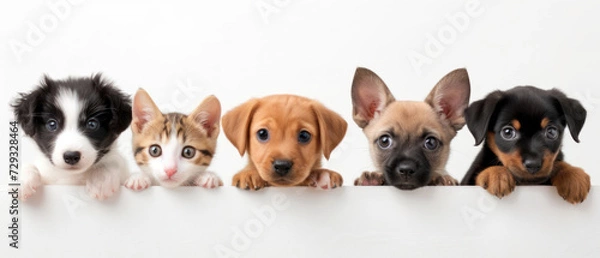 Fototapeta A delightful array of puppies and a kitten peeking over a barrier, with eyes full of curiosity