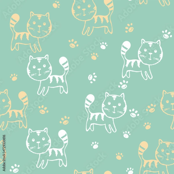 Obraz Seamless pattern with cute kitten print. Different scandy cats on color background. Scandinavian style illustration for kids. Vector illustration for fabric, textile, wallpaper, home clothing, pajama