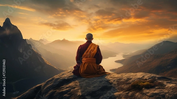 Fototapeta A Tibetan monk from back sitting on the stone near the water in the background of foggy mountains sky, nature, meditation, spiritual growth, house, temple