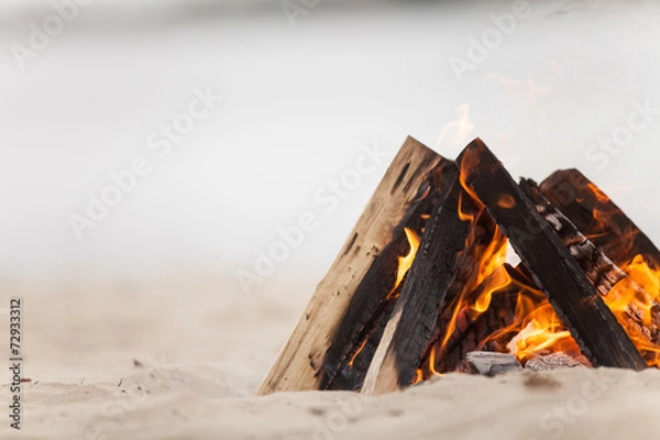 Obraz Beach campfire on lake with sand shore