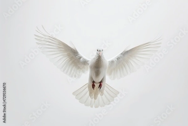 Fototapeta Graceful Flight Of A Peaceful White Dove: Symmetrical Photo With A Pristine White Background, Perfectly Centered With Ample Copy Space