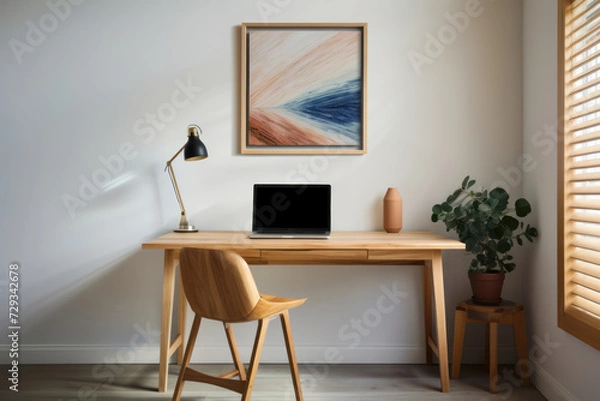 Fototapeta Simple, uncluttered home office space with a wooden desk, a laptop, and a single piece of artwork on the wall