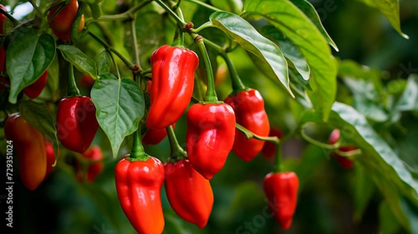 Fototapeta a bunch of red peppers hanging from a tree