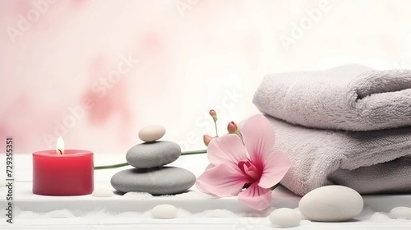 Fototapeta Beautiful spa composition for Valentine's Day with flowers, towel, hearts and stones on light background