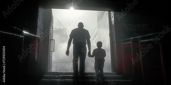Fototapeta Father and son walking out of the baseball stadium tunnel towards the field on a sunny day