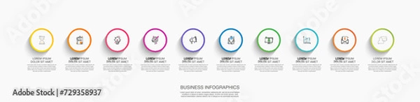Fototapeta Vector timeline infographics template with ten circles and options. Blank space for web, infographic, diagram, business, digital network, flowchart, presentations