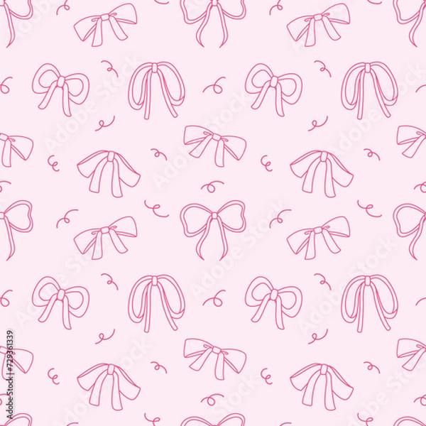 Fototapeta Various ribbon and bow hand drawn seamless pattern background for wrapping, wallpaper, backdrop, gift and valentine. Doodle style