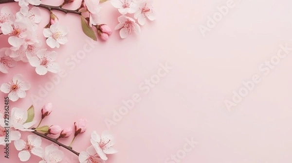 Fototapeta Happy women's day concept, pink plum blossom frame on pastel background. Flat lay ,top view