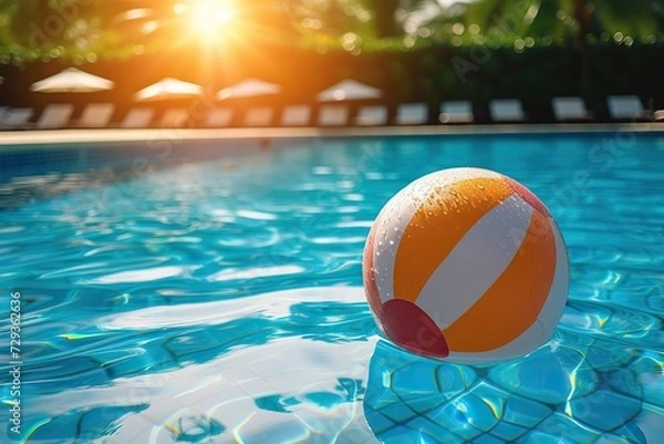Obraz Sunset Serenity A Colorful Beach Ball Floating on a Crystal Clear Pool with Sun Loungers and Palm Trees in the Background