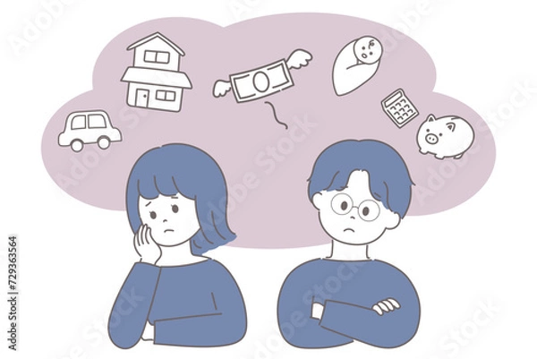 Fototapeta 将来やお金の不安を抱える男女のイラスト