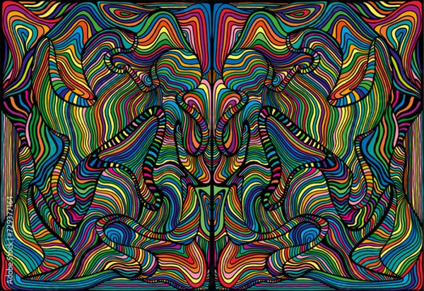 Fototapeta Symmetrical motley hippie trippy psychedelic abstract pattern with many intricate wavy ornaments, multicolor color texture.