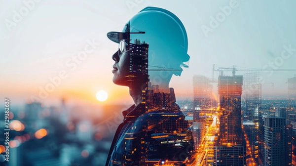 Fototapeta Future construction: Engineers, architects, and workers blend expertise with modern tech in double exposure graphics.