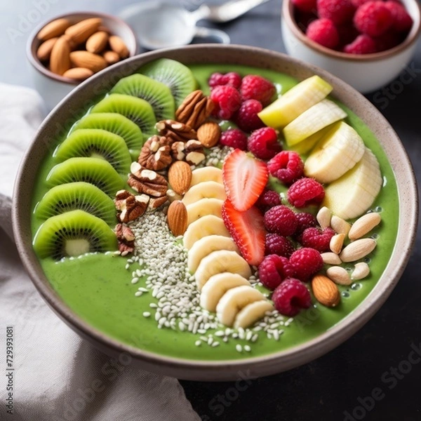 Obraz Stock image of a green smoothie bowl topped with various fruits and nuts, nutritious and delicious Generative AI