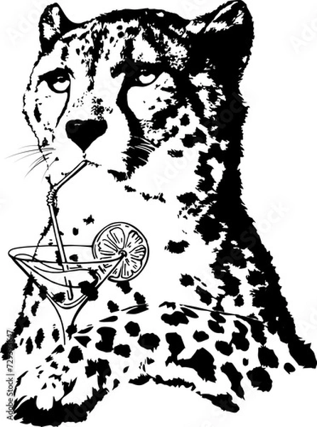 Obraz Vector portrait of cheetah drinking coctail. Isolated on white black element for design card, poster, invitation with nice animal.