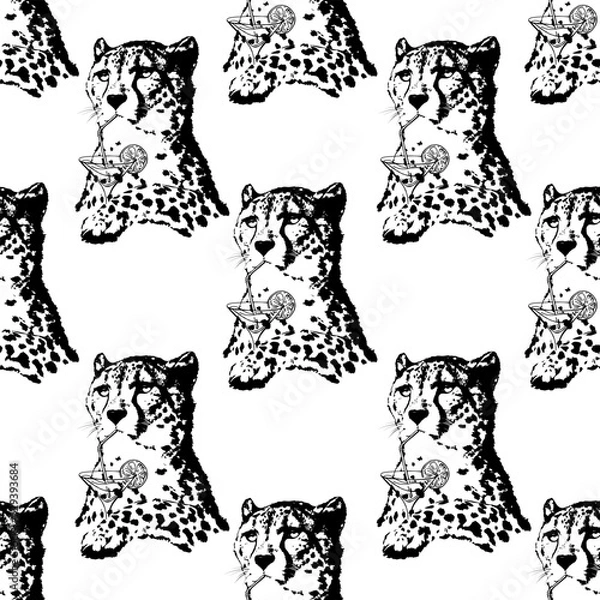 Obraz Vector seamless pattern: cheetah drinking coctail. Black and white design with animals. Monochrome design for textile, fabric, wallpaper, wrapping paper.