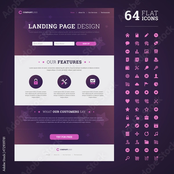 Fototapeta One page design landing page / email template with set of 64 hig