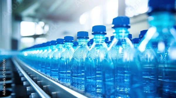 Fototapeta Line of blue plastic bottles in a clean light factory.