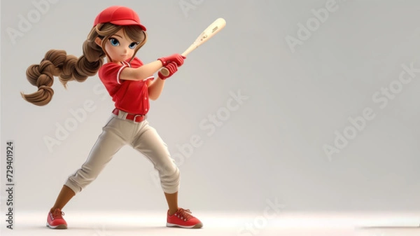 Fototapeta A woman cartoon baseball player in red jersey with equipment