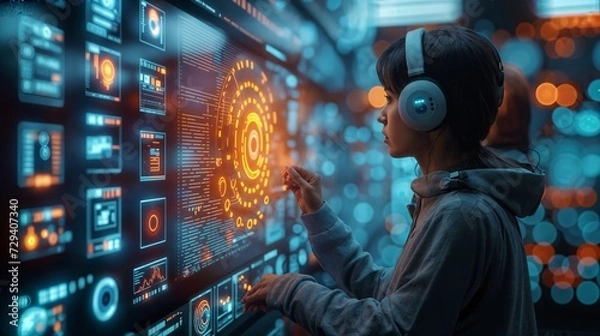 Fototapeta  technologist in a lab looking at digital interface, in the style of futuristic realism, art, photo-realistic, les automatistes AI tech protection with password secure for online payment concept 