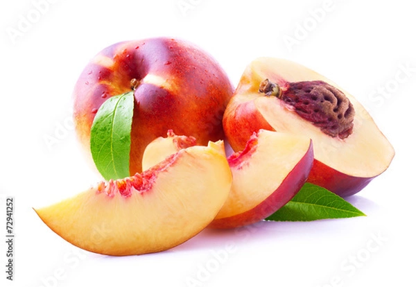 Fototapeta Ripe peach with leaf.