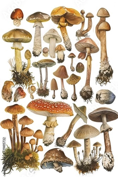 Fototapeta botanical mushroom drawings, vintage, graphic of mushroom specimens.