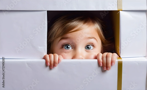 Fototapeta Child peering out of an oversized gift box, expression of joyful surprise, focus centered on the bright eyes and smile of the child. Generative AI