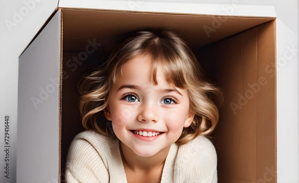 Fototapeta Child peering out of an oversized gift box, expression of joyful surprise, focus centered on the bright eyes and smile of the child. Generative AI