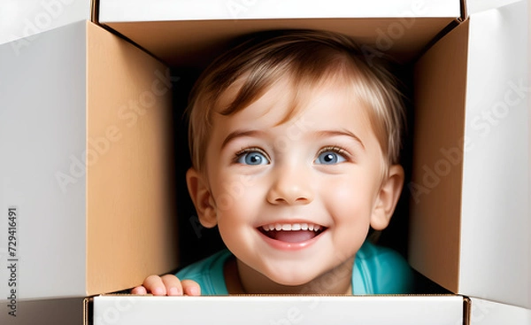 Fototapeta Child peering out of an oversized gift box, expression of joyful surprise, focus centered on the bright eyes and smile of the child. Generative AI