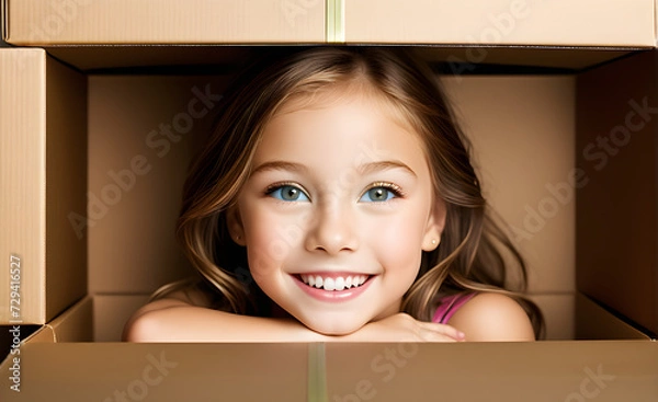 Fototapeta Child peering out of an oversized gift box, expression of joyful surprise, focus centered on the bright eyes and smile of the child. Generative AI