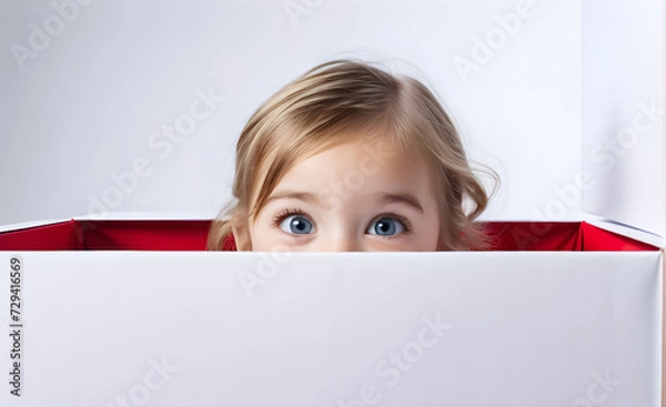 Fototapeta Child peering out of an oversized gift box, expression of joyful surprise, focus centered on the bright eyes and smile of the child. Generative AI